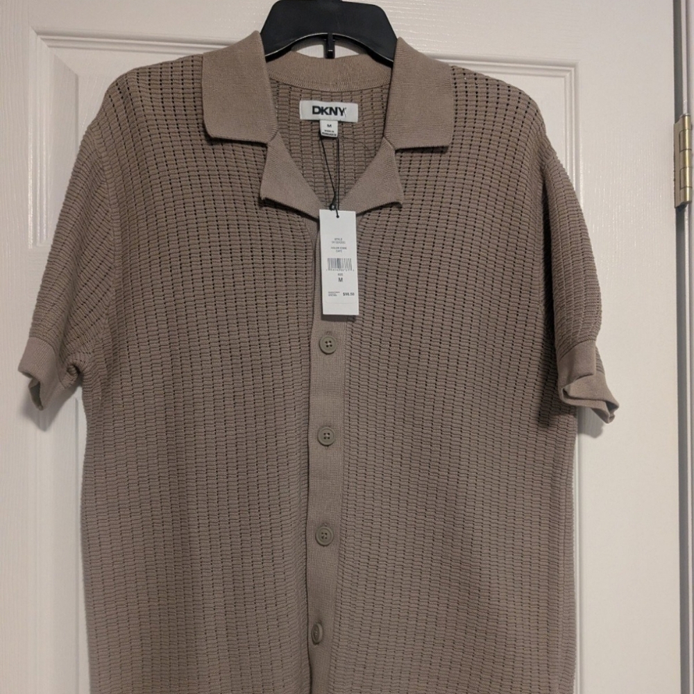 DKNY Men's Grid Sweater Camp Shirt -Cafe Brown